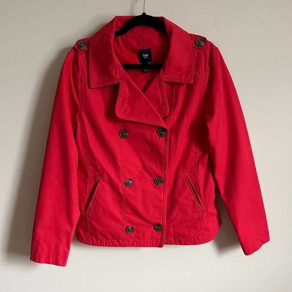 GAP Women's Red Double-Breasted Cotton Medium Weight Cropped Pea Coat Jacket EUC